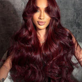 Wavymy 99J Burgundy Layered Cut Loose Wave Wear Go Glueless Wigs 6x4 Lace Closure Wigs 180% Density