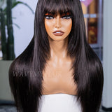 Wavymy 9x6 T-Part Lace Layered Cut Straight Hair with Bangs Pre-Cut Lace Wear Go Glueless Seamless Scalp Design Wigs 180% Density