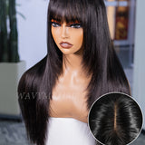 Wavymy 9x6 T-Part Lace Layered Cut Straight Hair with Bangs Pre-Cut Lace Wear Go Glueless Seamless Scalp Design Wigs 180% Density