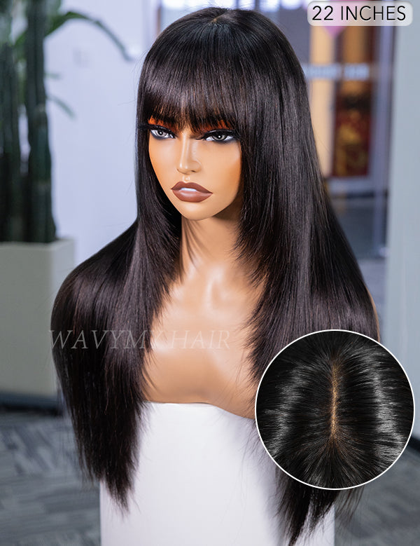 Wavymy 9x6 T-Part Lace Layered Cut Straight Hair with Bangs Pre-Cut Lace Wear Go Glueless Seamless Scalp Design Wigs 180% Density