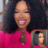 Wavymy Afro Curly V Part Wig 180% Density 12 Inches & Straight Bob 4x4 Lace Wear Go Glueless Wig 12 Inches 180% Density Buy 1 Get 1 Free