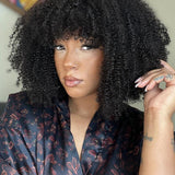 Wavymy Afro Curly Wigs With Bangs Machine Made Human Hair 180% Wigs