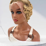Wavymy Blonde Curly Pixie Wig with Brown Roots 13x4 Lace Frontal Pre-styled Wig 180% Density