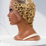 Wavymy Blonde Curly Pixie Wig with Brown Roots 13x4 Lace Frontal Pre-styled Wig 180% Density