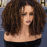 Wavymy Blonde Highlights Afro Kinky Curly 7x5 Lace Glueless Wigs Wear & Go Wigs Dome Cap Layered Curly Hairstyle