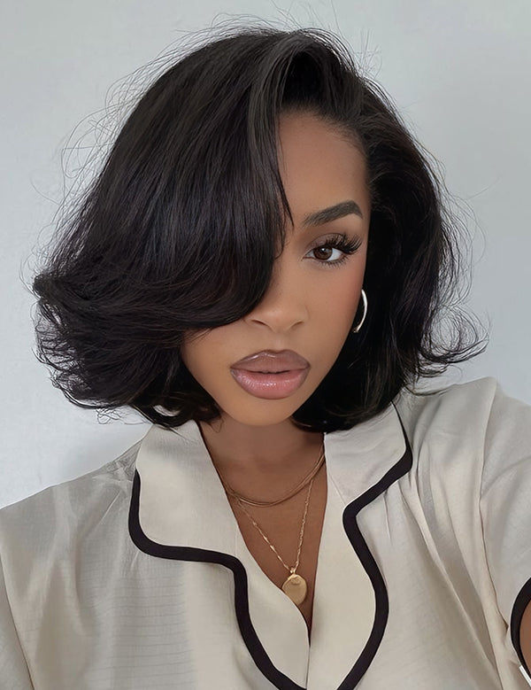 Wavymy Brown Blowout Layered Wave Bob Wigs M-Cap 9x6 Pre-Cut Lace Wear Go Glueless Wigs 180% Density