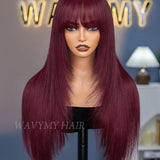 Wavymy Burgundy 99J Colored Layered Cut Wig with Bangs Wear Go Glueless Straight 7x5 Lace Closure Wig 180% Density