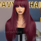 Wavymy Burgundy 99J Colored Layered Cut Wig with Bangs Wear Go Glueless Straight 7x5 Lace Closure Wig 180% Density
