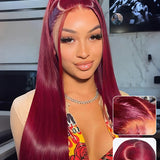 Wavymy Burgundy 99J Straight Hair 13x6 Max Lace Frontal Wig Drawstring Wear & Go Dome Cap Glueless Wigs 180% Density