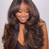 Wavymy Chestnut Brown Curtain Bangs Layered Cut Loose Body Wave 9x6 T-Part Lace Wear Go Glueless Wig