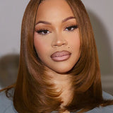 Wavymy Chestnut Brown Yaki Straight Layered Cut Silky Bob Wig 9x6 T-Part Lace Wig Drawstring Wear Go Glueless Wigs 180% Density