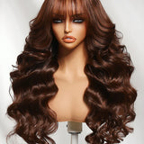 Wavymy Chocolate Brown Body Wave Wig with Bangs Wear & Go Dome Cap Glueless 7x5 Lace CLosure Wig 180% Density