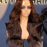 28 inch chocolate brown body wave 13x6 lace glueless curtain bangs wig