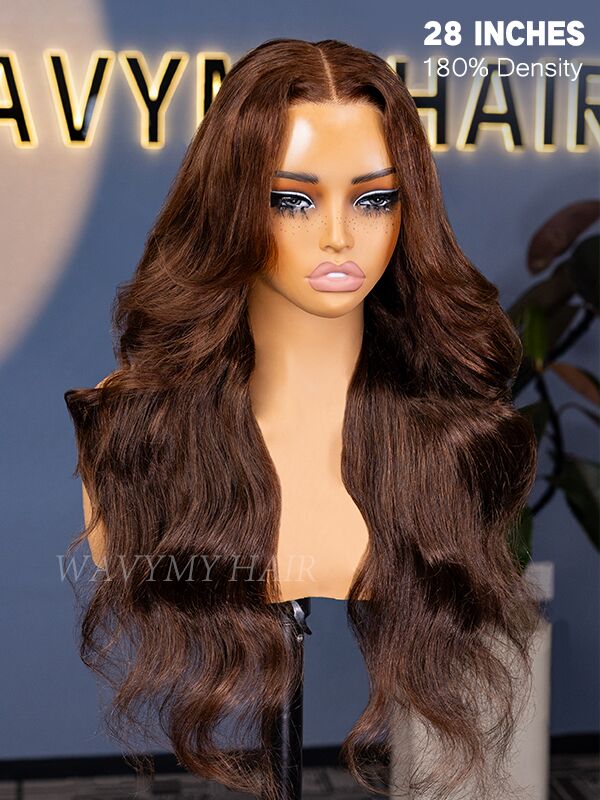 28 inch chocolate brown body wave 13x6 lace glueless curtain bangs wig