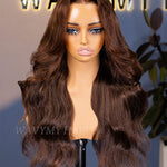 180 density chocolate brown body wave 13x6 lace glueless curtain bangs wig