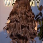 28 inch 180% density chocolate brown body wave 13x6 lace glueless curtain bangs wig