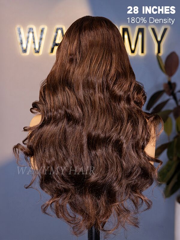 28 inch 180% density chocolate brown body wave 13x6 lace glueless curtain bangs wig