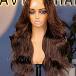 28 inch drawstring chocolate brown body wave 13x6 lace glueless curtain bangs wig