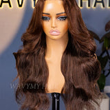 28 inch drawstring chocolate brown body wave 13x6 lace glueless curtain bangs wig