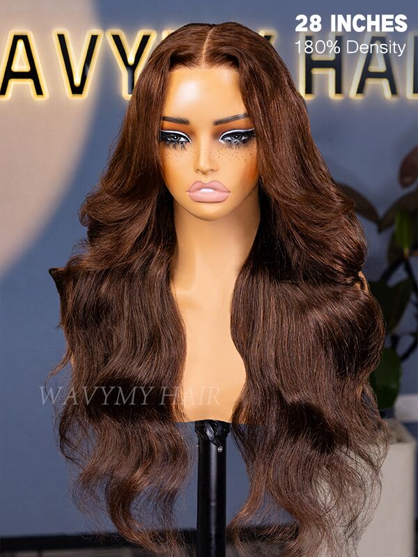28 inch drawstring chocolate brown body wave 13x6 lace glueless curtain bangs wig