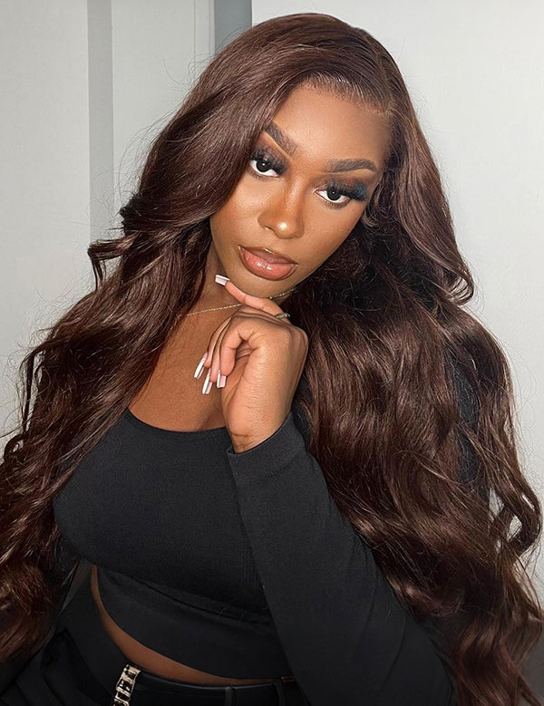 Wavymy Chocolate Brown Face-Framing Curtain Bangs Layered Cut Body Wave Pre-Cut Lace Wear Go Glueless Wigs 180% Density
