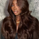 Wavymy Chocolate Brown Face-Framing Curtain Bangs Layered Cut Body Wave Pre-Cut Lace Wear Go Glueless Wigs 180% Density