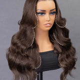 Wavymy Chocolate Brown Face-Framing Curtain Bangs Layered Cut Body Wave Pre-Cut Lace Wear Go Glueless Wigs 180% Density