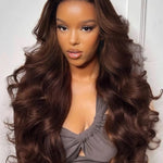 human hair chocolate brown body wave 13x6 lace glueless curtain bangs wig