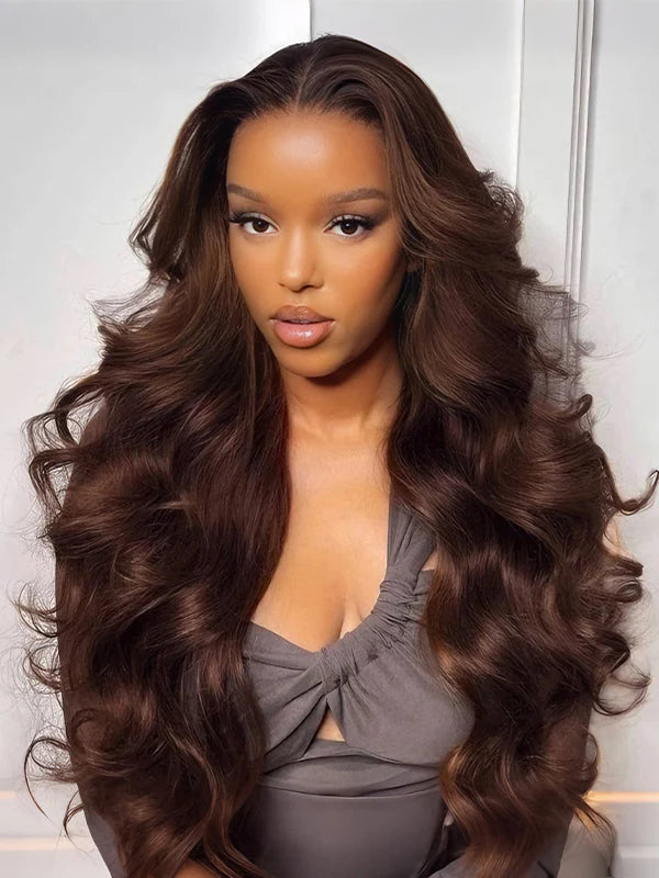 human hair chocolate brown body wave 13x6 lace glueless curtain bangs wig
