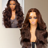 Wavymy Chocolate Brown Face-Framing Curtain Bangs Layered Cut Body Wave Pre-Cut Lace Wear Go Glueless Wigs 180% Density