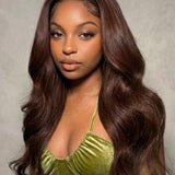 Wavymy Chocolate Brown Face-Framing Curtain Bangs Layered Cut Body Wave 13x6 Max Lace Frontal Wig Drawstring Wear & Go Wigs Dome Cap Glueless Wigs 180% Density