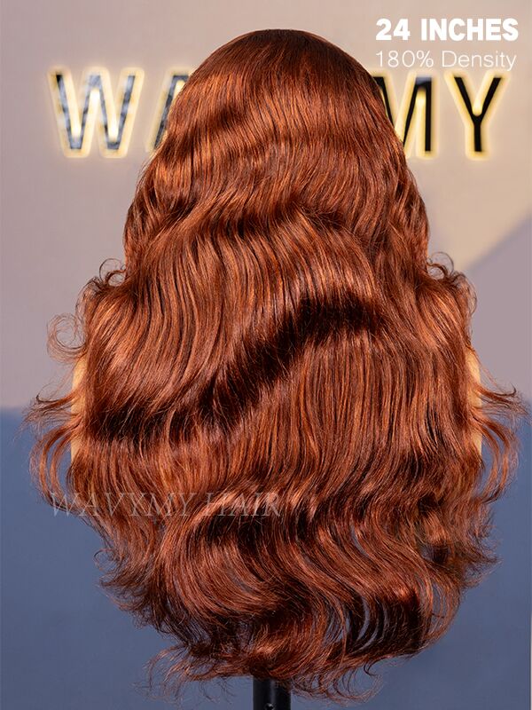 24 inch 7x5 lace copper brown body wave glueless wig back view