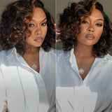 Wavymy Copper Highlight / Natural Black Bouncy Curly Wig 7x5 Lace Wear Go Glueless Wig 180% Density