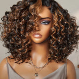 Wavymy Copper Highlight / Natural Black Bouncy Curly Wig 7x5 Lace Wear Go Glueless Wig 180% Density