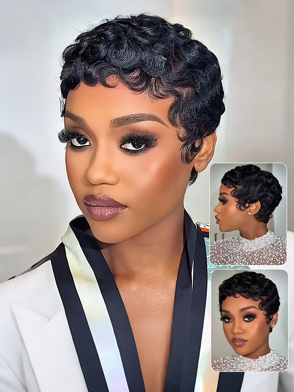 Wavymy Curly Pixie Wig Pre-styled Wig Human Hair Machine Made Short Pixie
