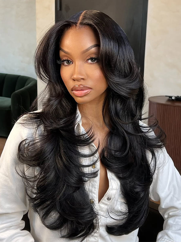 curtain bangs body wave layered wig