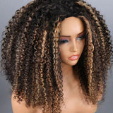 Wavymy Highlight Brown Kinky Curly Drawstring Half Wig Upgrade No Lace No Glue Human Hair Wigs