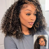 Wavymy Highlight Brown Kinky Curly Drawstring Half Wig Upgrade No Lace No Glue Human Hair Wigs