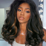 Wavymy Highlight Kinky Straight Layered Wave Wig 7x5 Lace Wear Go Dome Cap Glueless Wig 180% Density