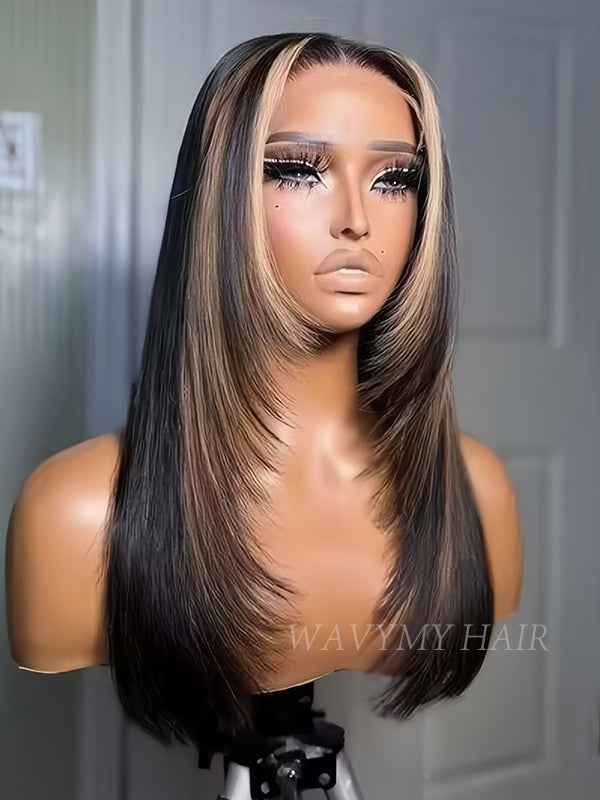 Wavymy Human Hair Wigs Near Me | Highlight Ombre Layered Cut Wear Go Wigs Straight 4x6 Lace Closure Customized Colors Wigs