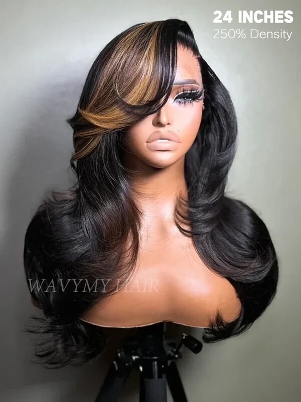 Wavymy Ombre Highlight Side Part Layered Cut Body Wave M-Cap 9x6 Lace ...