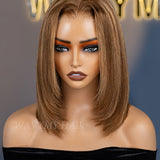 Wavymy Highlight Yaki Straight Layered Cut Bob Wig 9x6 T-Part Lace Wear Go Glueless Wigs 180% Density