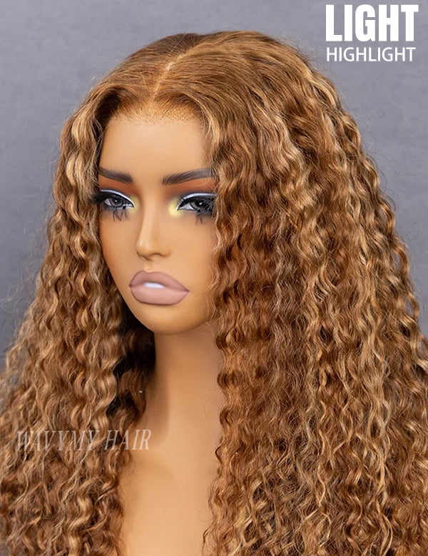 Wavymy Honey Blonde Light Highlight Wear Go Glueless Water Wave Wig 7x5 Pre-cut Pre-plucked Bleached Knots Wig 100% Human Hair