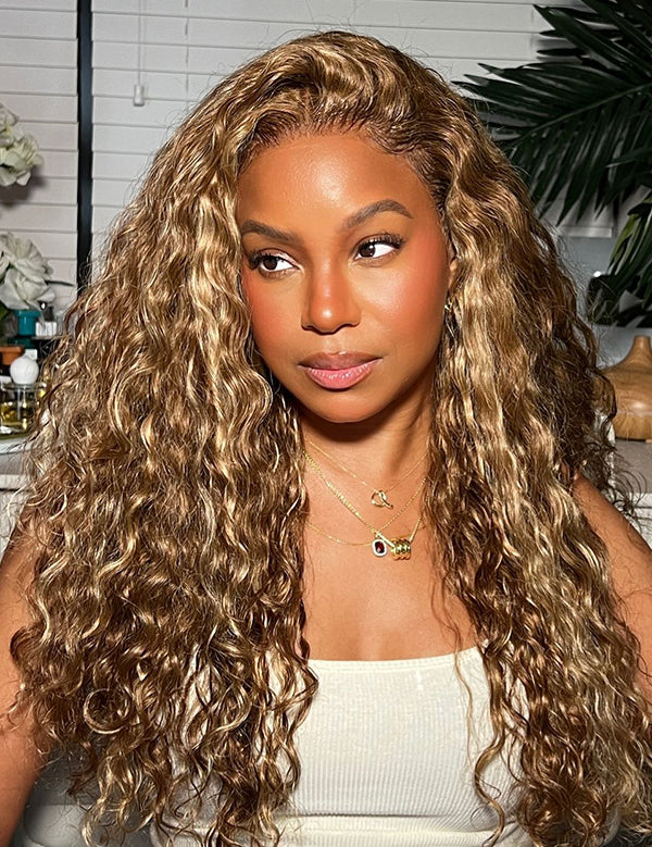 Wavymy Honey Blonde Light Highlight Wear Go Glueless Water Wave Wig 7x5 Pre-cut Pre-plucked Bleached Knots Wig 100% Human Hair