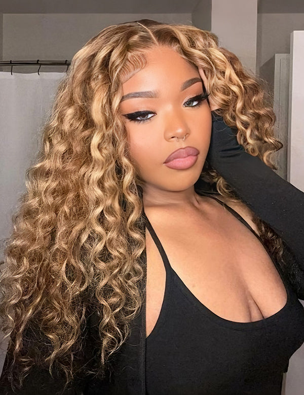 Wavymy Honey Blonde Light Highlight Wear Go Glueless Water Wave Wig 7x5 Pre-cut Pre-plucked Bleached Knots Wig 100% Human Hair