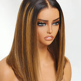 Wavymy Honey Brown Highlight Bob Wig with Dark Roots Wear Go Glueless 7x5 Lace Wig 100% Human Hair 180% Density