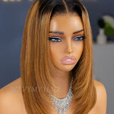 Wavymy Honey Brown Highlight Bob Wig with Dark Roots Wear Go Glueless 7x5 Lace Wig 100% Human Hair 180% Density