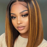 Wavymy Honey Brown Highlight Bob Wig with Dark Roots Wear Go Glueless 7x5 Lace Wig 100% Human Hair 180% Density