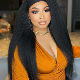 Wavymy Kinky Straight Headband Wig Pre-attached Scarf Natural Color Glueless Wig Human Hair 180% Density