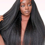 Wavymy Kinky Straight Headband Wig Pre-attached Scarf Natural Color Glueless Wig Human Hair 180% Density